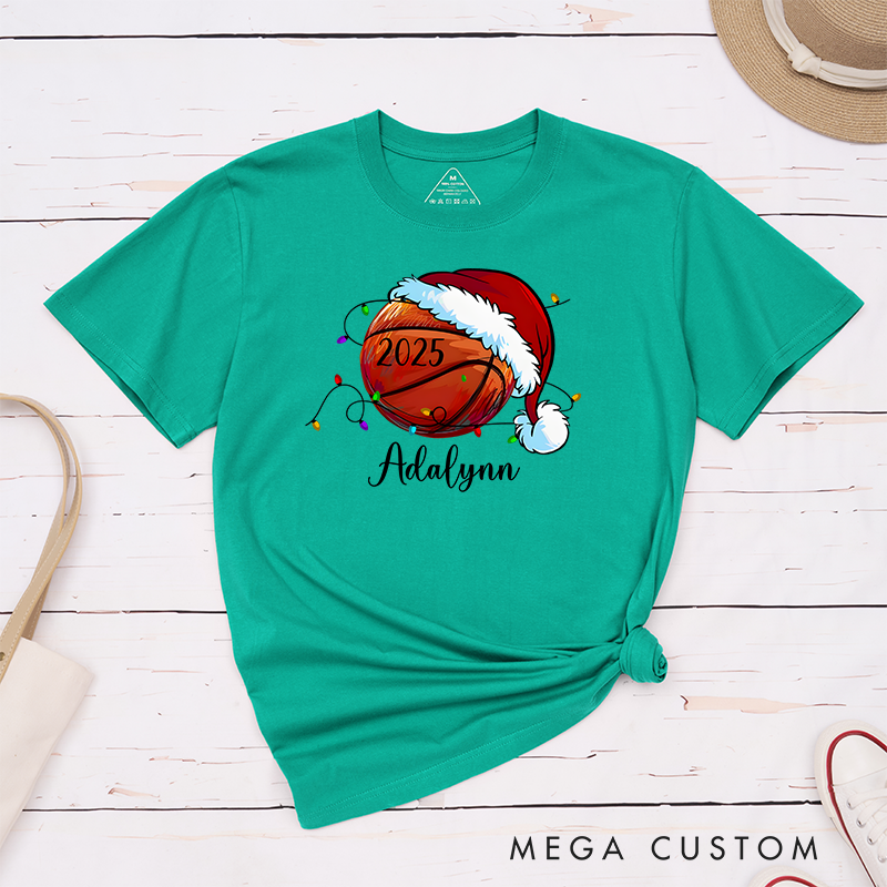 Personalized Festive T-Shirt with Custom Name, Year, and Basketball Santa Hat Design
