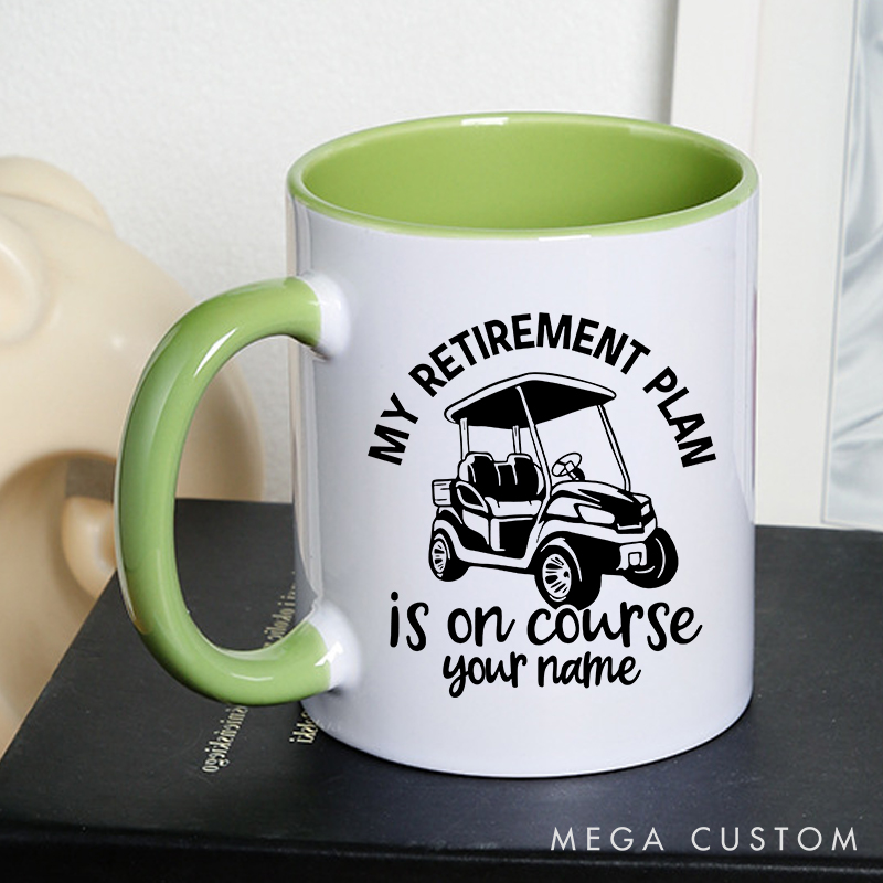 Personalized Golf Mug with Custom Name My Retirement Plan is On Course Golf Cart Design Perfect Gift for Retired Golf Lovers
