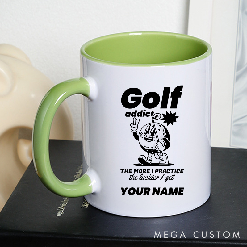 Personalized Golf Mug with Custom Name Golf Addict Design The More I Practice The Luckier I Get Durable Ceramic Two Tone Handle