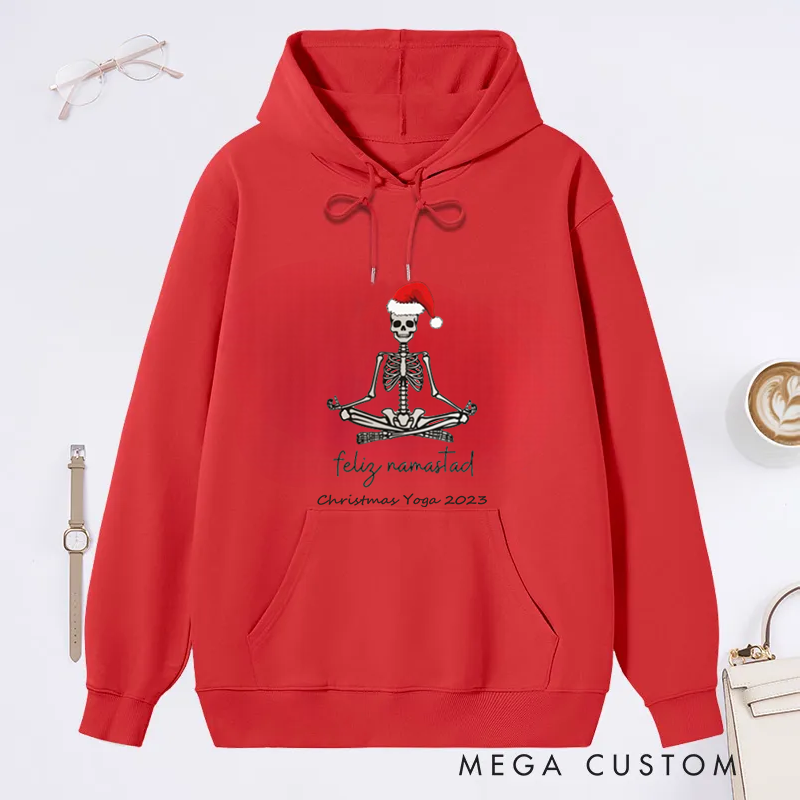 Personalized Christmas Classic Hoodie Skeleton Yoga Design with Santa Hat Custom Time Gift Idea for Yoga Lover