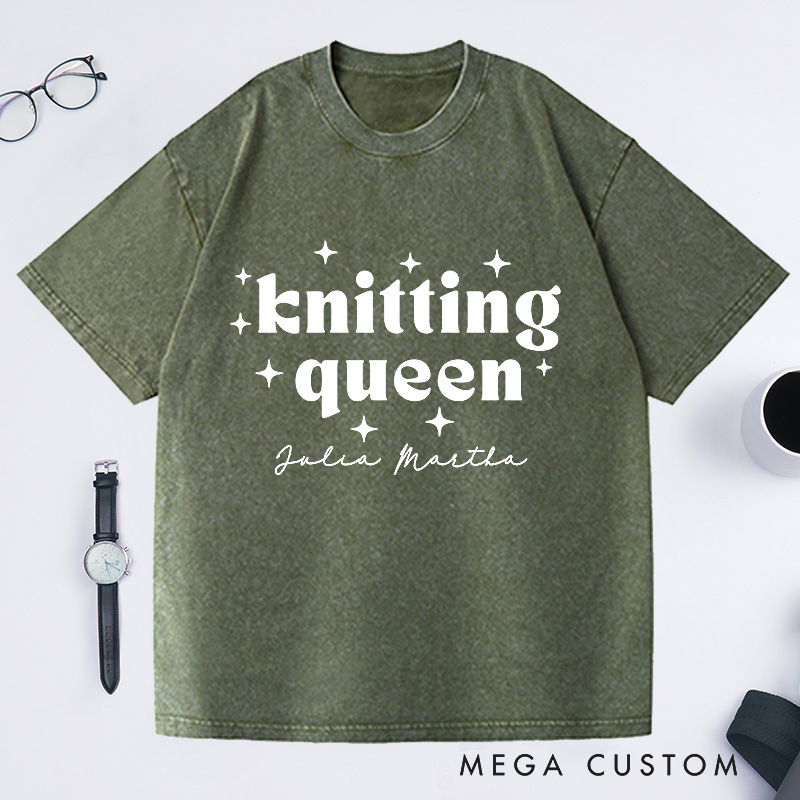 Personalized Knitting Queen Washed T-Shirts Knitter Shirt Colorful Sewing T-Shirt Womens Crochet T-Shirt Comfy Top Bright Words Tee Unique Font Shirt