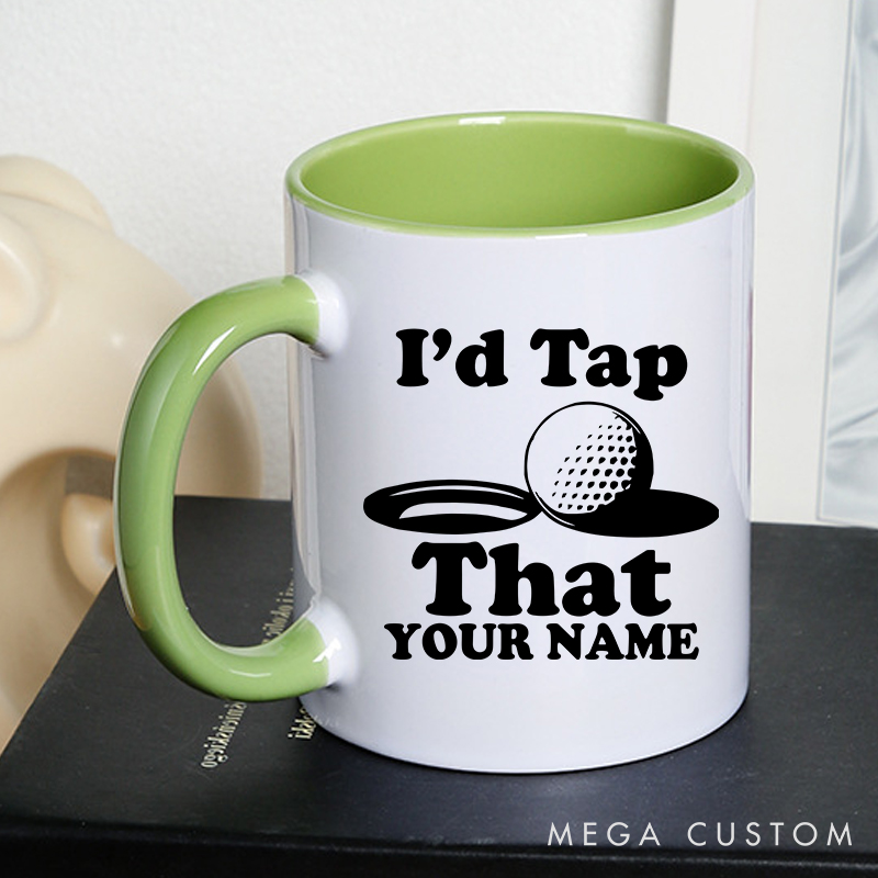 Personalized golf mug with custom name and funny "I'd Tap That" design durable ceramic perfect for golf lovers and special occasions