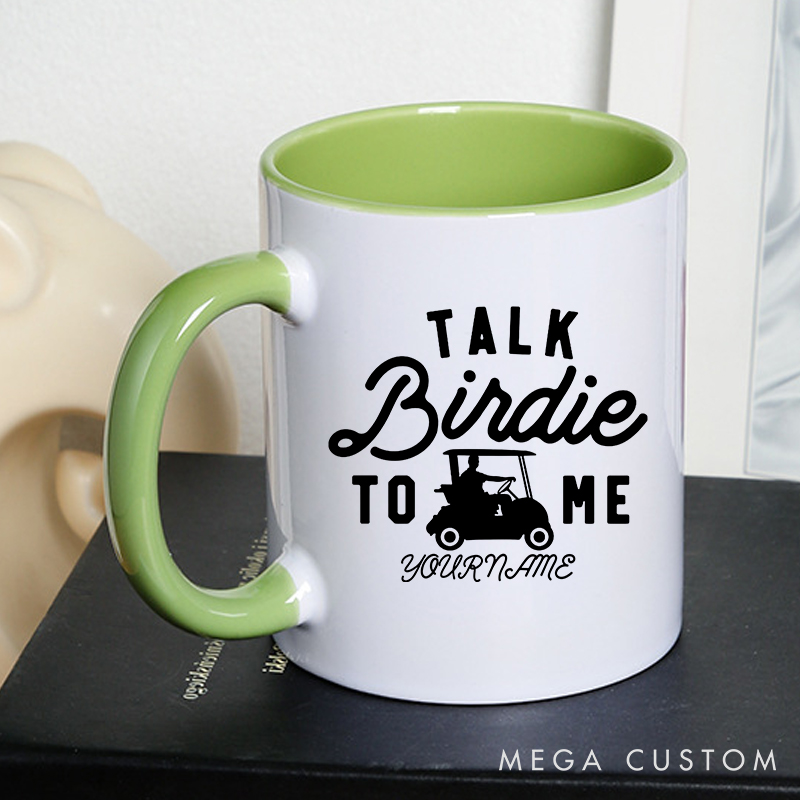 Personalized Golf Mug with Custom Name "Talk Birdie to Me" Fun Golf Cart Design Perfect Gift for Golf Lovers