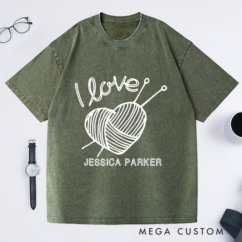 Personalized I Love Knitting Washed T-Shirts Gifts for Knitter Grandma Shirt Grandma Knit Tee Custom Tee