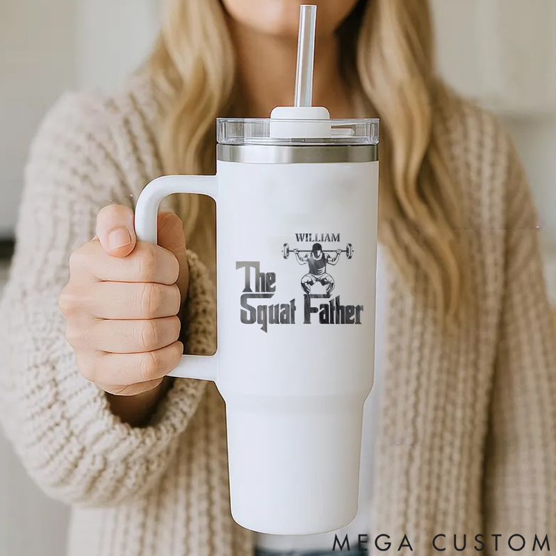 Personalized Handle Tumbler with Logo Featuring Squat and Barbell Artwork for Gym Lover Fitness Durable Hot or Cold Drinks
