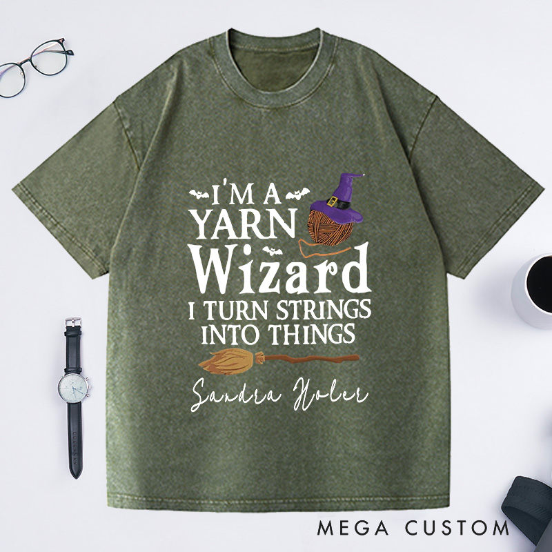 Personalized I'm a Yarn Wizard Washed T-Shirts Knit T-Shirt Knitting Gift Knitter Gifts Custom Tee