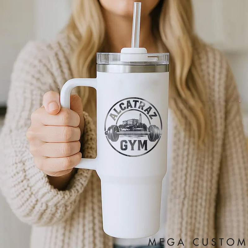 Personalized Handle Tumbler with Barbell and Prison Island Illustration for Gym Lover Fitness Durable Hot or Cold Drinks