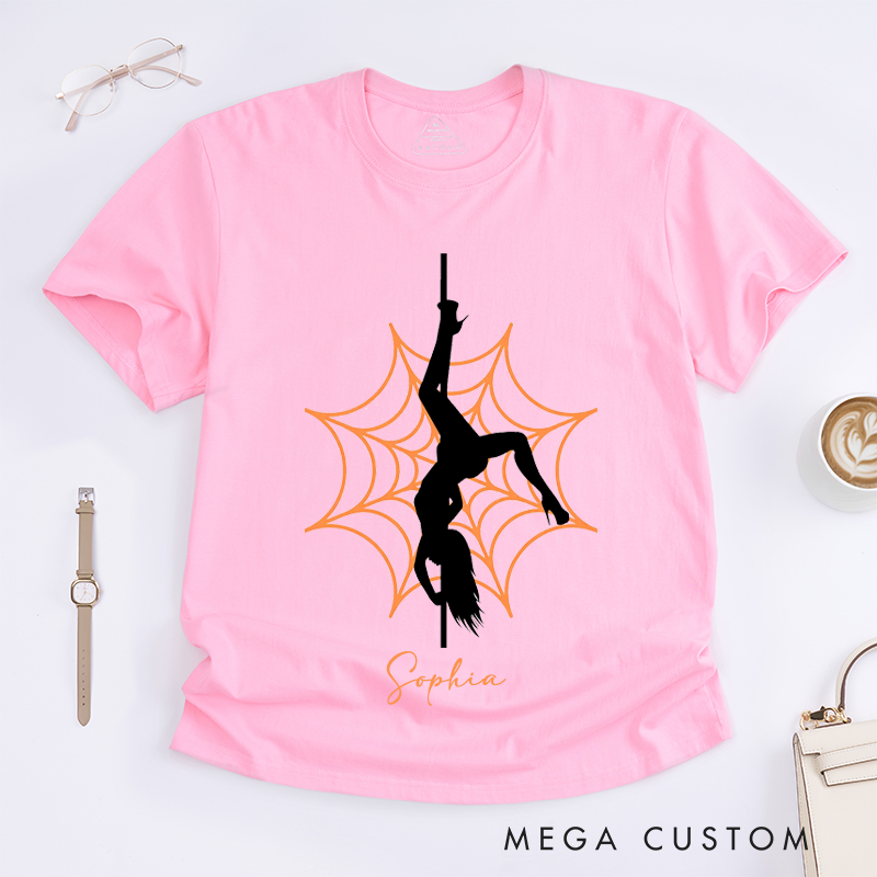 Personalized Pole Dance Spider Web Silhouette Women T-Shirts Unique Gift for Dancer Fitness Lover Halloween Themed Custom Tee