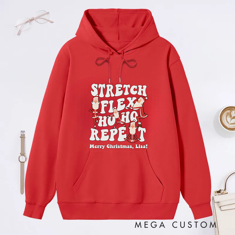 Personalized Christmas Classic Hoodie with Stretch, Flex, Ho Ho Ho Design Custom Name Gift Idea for Yoga Lover