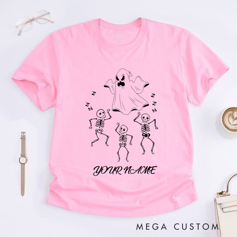 Personalized Dancing Skeletons and Ghost T-Shirt Cute Spooky Halloween Gift for Women Fun Custom Name Night Unique Skull Design Present