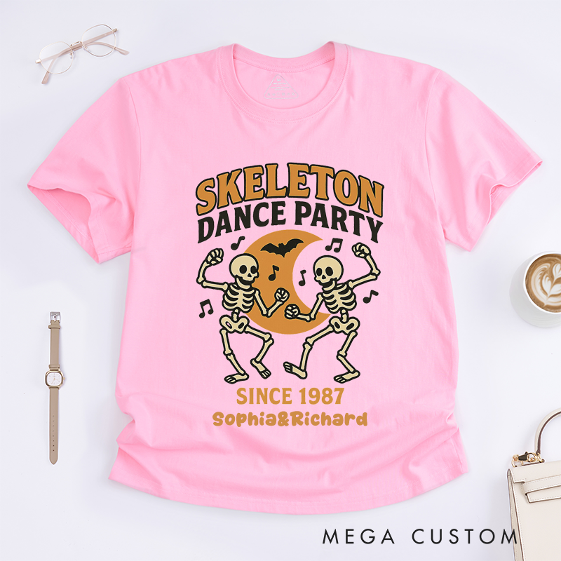 Personalized Skeleton Dance T-Shirts Custom Name Halloween Skeleton Graphic Tee Unique Dancing Skeletons Gift for Men Women Friends