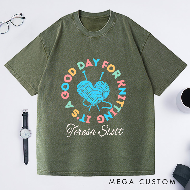 Personalized It's a Good Day for Knitting Washed T-Shirts Gift for Knitter Knit Shirt Gift for Grandma