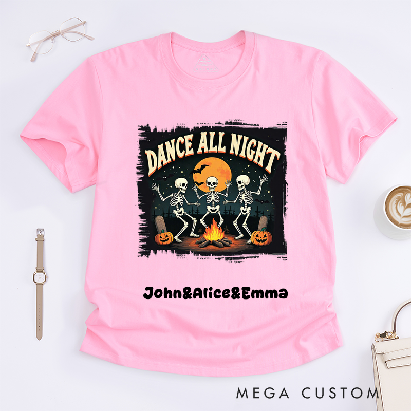Personalized Skeleton Dance All Night Halloween T-Shirts Unisex Spooky Campfire Pumpkin Gift Custom Name Shirt for Men Women Halloween Lovers