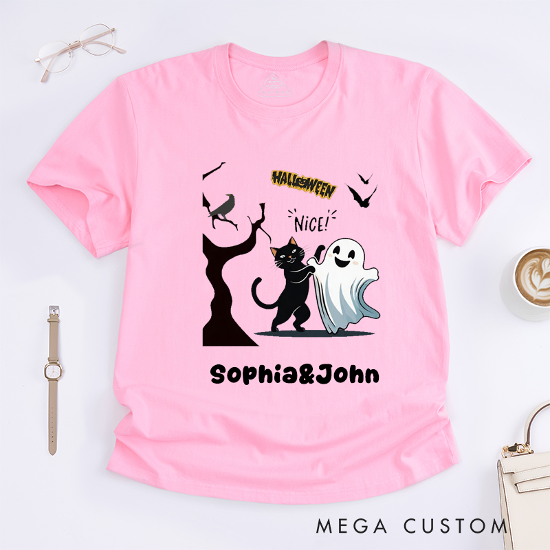 Personalized Halloween Black Cat and Ghost Cute Unisex T-Shirts Spooky Cartoon Animal Lovers Unique Custom Name Gift for Friends Family