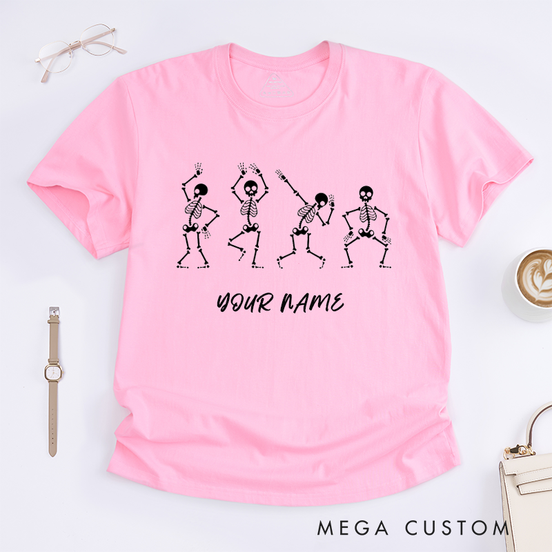 Personalized Dancing Skeleton T-Shirts Custom Name Funny Halloween Gift for Men Unique Skeleton Print Tee for Friends