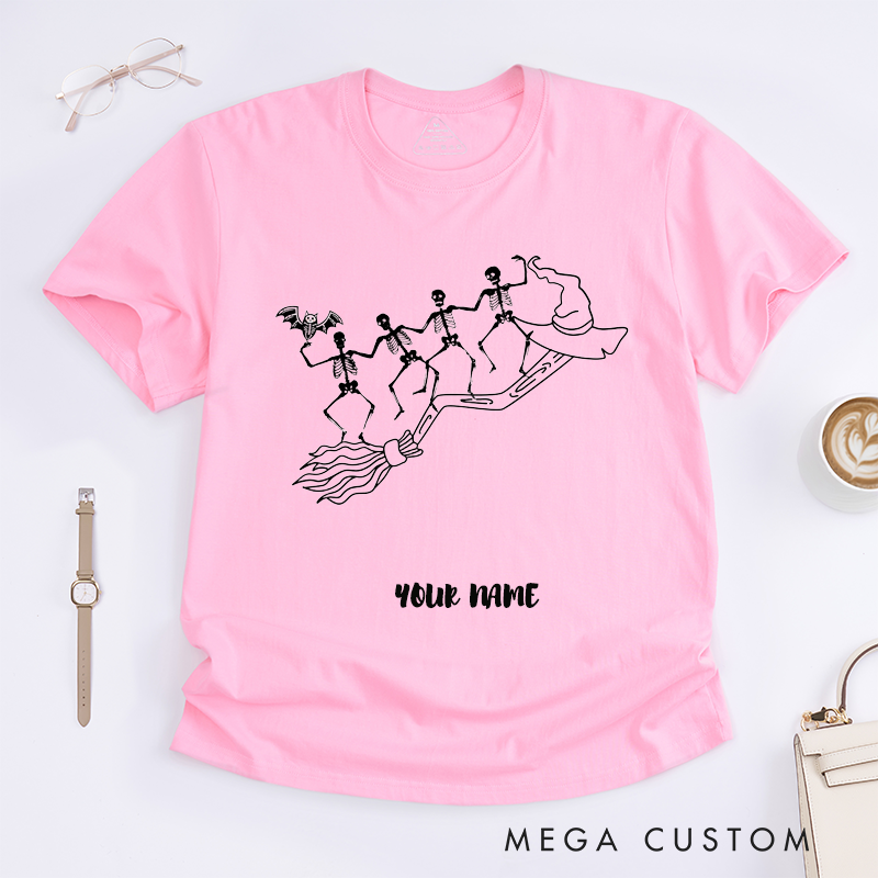 Personalized Skeletons Riding Broomstick Halloween T-Shirts Custom Name Witch Hat Gift for Him Dancing Skeleton Crew Unique Spooky Tee for Men