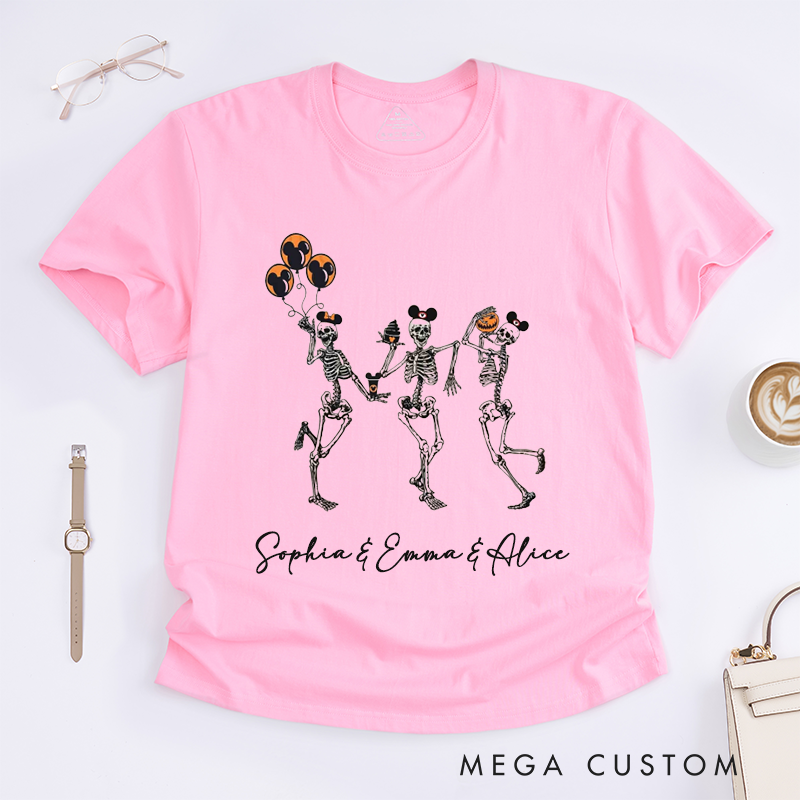 Personalized Skeleton Halloween T-Shirts Cute Funny Skeleton Graphic Tee Gift for Women Spooky Custom Name Halloween Shirt