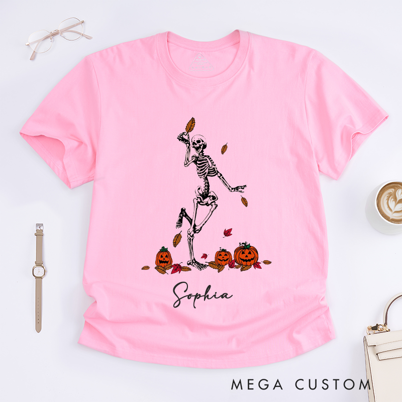 Personalized Halloween Skeleton Dancing Pumpkin T-Shirts Fall Leaves Cute pooky Outfit Custom Name Gift for Women