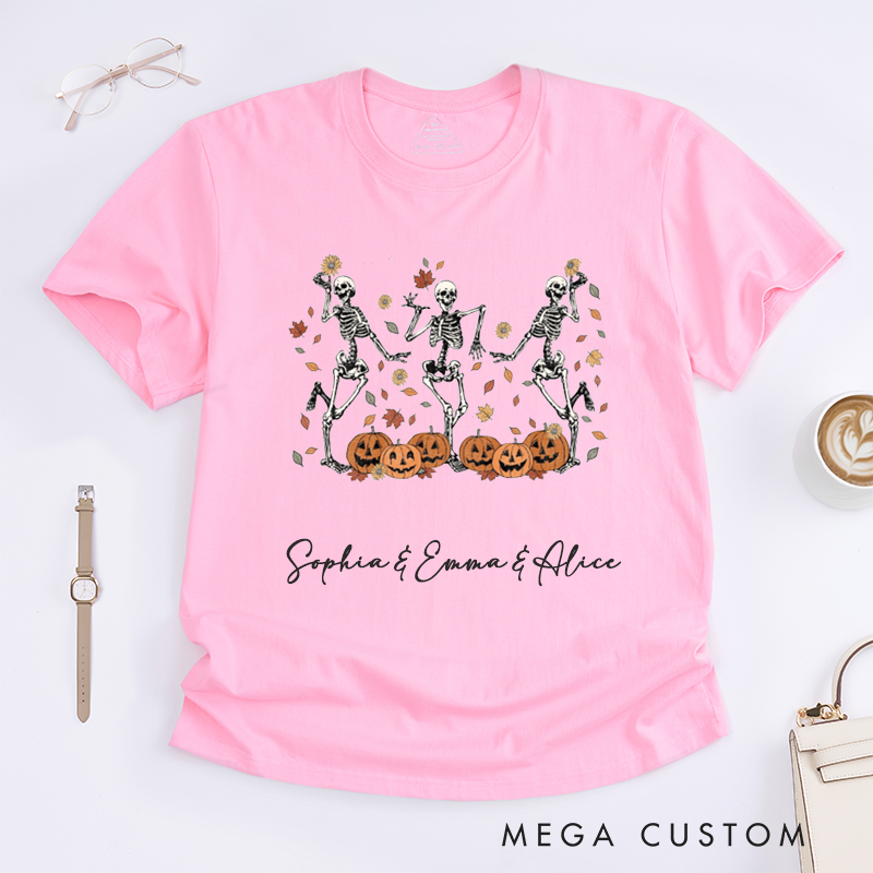 Personalized Halloween Dancing Skeletons T-Shirts Gift for Women Fall Pumpkin Autumn Leaves Graphic Custom Name Spooky Apparel for Friends