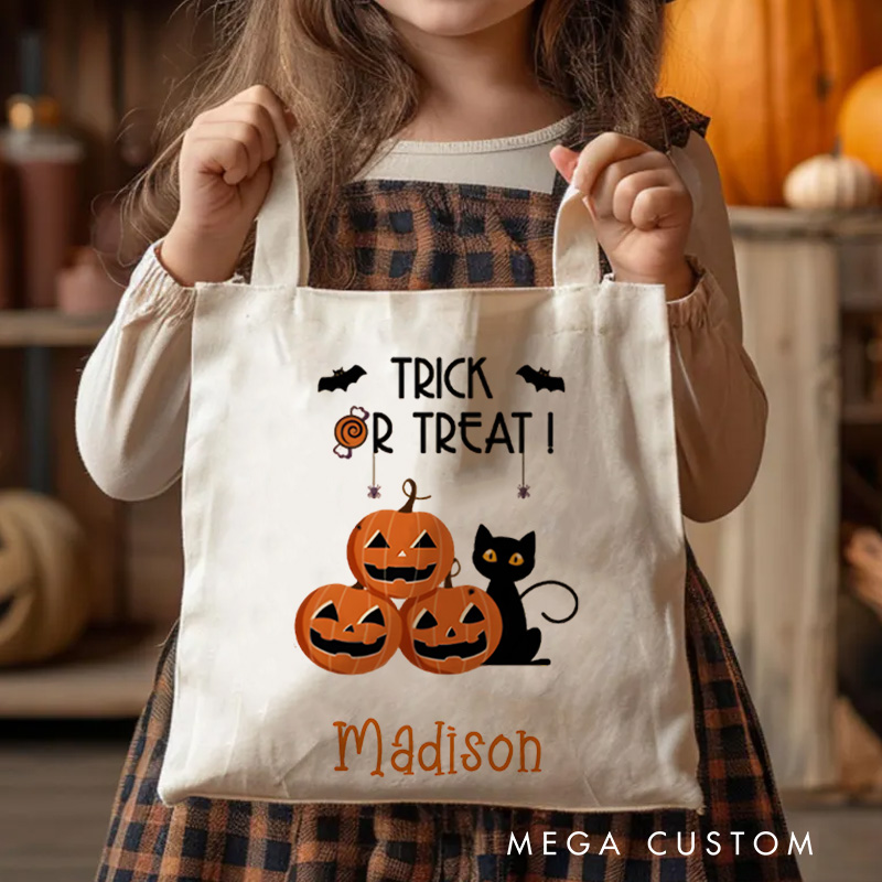 Personalized Trick or Treat Featuring Pumpkins Cats and Bats for a Fun Halloween Accent Tote Bag