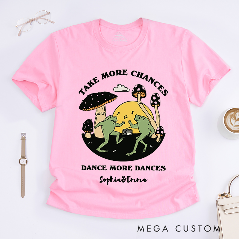 Personalized Dancing Frog T-Shirts Custom Name Cute Mushroom Art Inspirational Graphic Tee Unique Gift for Women Friends Positive Motivation Shirt