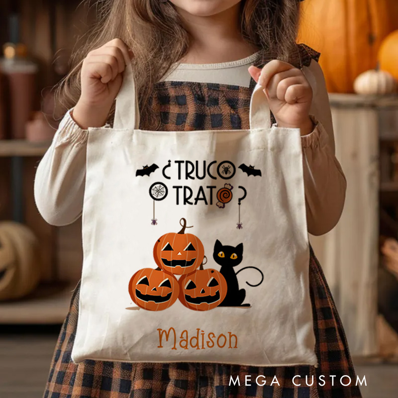 Personalized Trick or Treat Featuring Pumpkins and Cats for a Fun Halloween Celebration Tote Bag