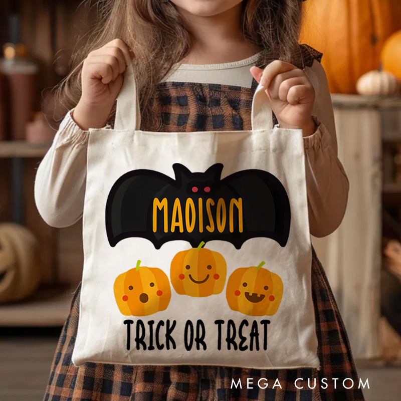Personalized Bat and Pumpkin Featuring Name for a Spooky and Playful Trick or Treat Tote Bag