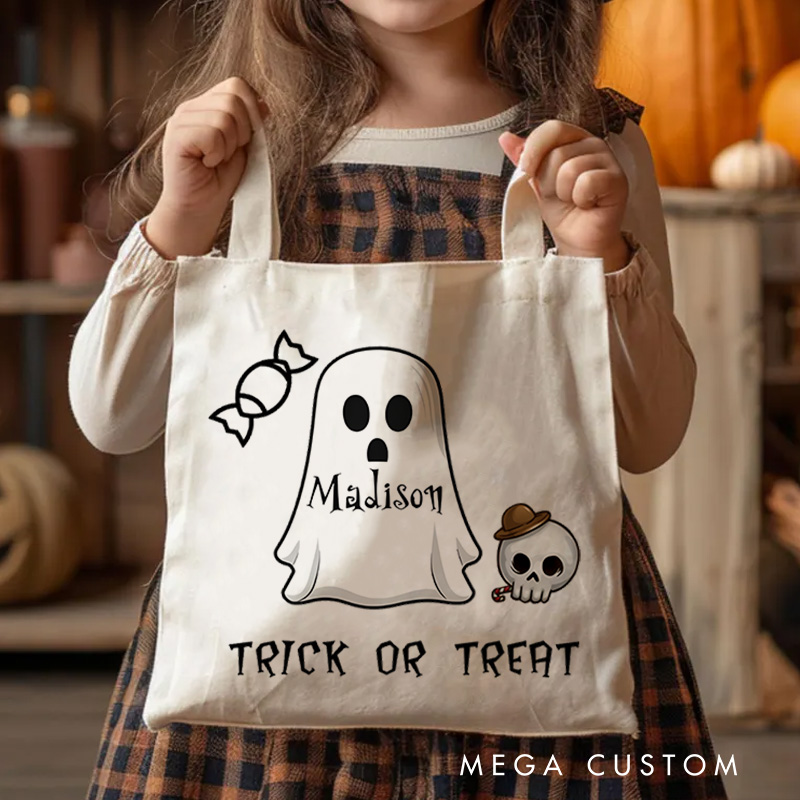 Personalized Ghost Featuring Name and Skull Accents for a Cute Halloween Celebration Tote Bag