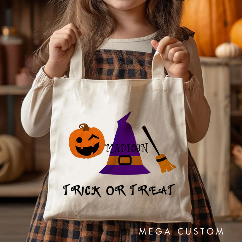 Personalized Witch Hat and Pumpkin Featuring Name for a Festive Halloween Accent Tote Bag