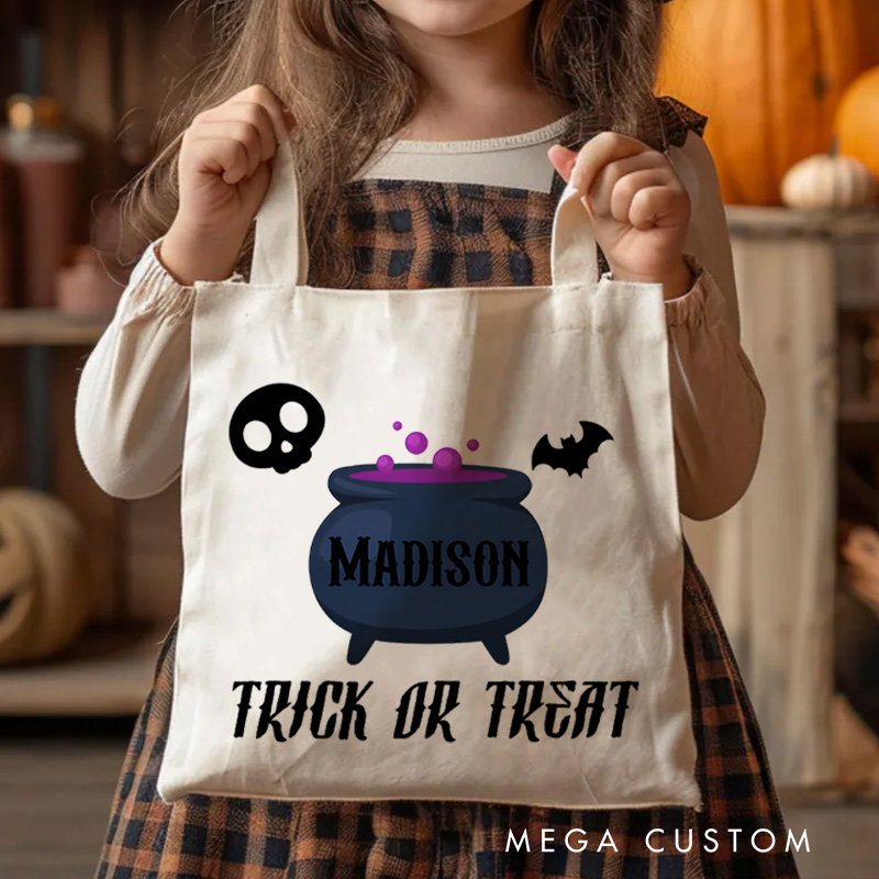 Personalized Cauldron Featuring Name and Halloween Symbols for a Spooky Trick or Treat Tote Bag