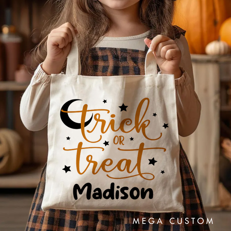 Personalized Trick or Treat Featuring Moon Stars and Name for a Magical Halloween Accent Tote Bag