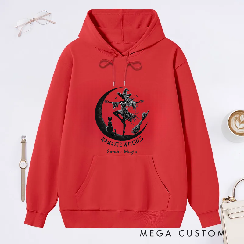 Personalized Namaste Witches Classic Hoodie with Elegant Witch and Moon Design Custom Name Gift Idea for Yoga Lover