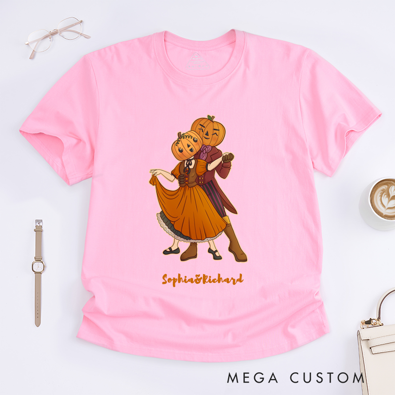 Personalized Pumpkin Couple Dancing T-Shirts Halloween Retro Style Unisex Fall Gift Autumn Lovers Unique Present for Him Her Friends