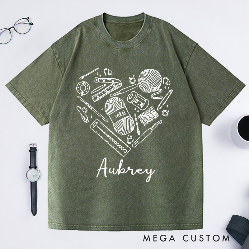 Personalized Yarn Graphic Heart Washed T-Shirts Crochet Shirt Gift for Crocheter Tee Cute Crocheting Tshirt Mothers Day Gift