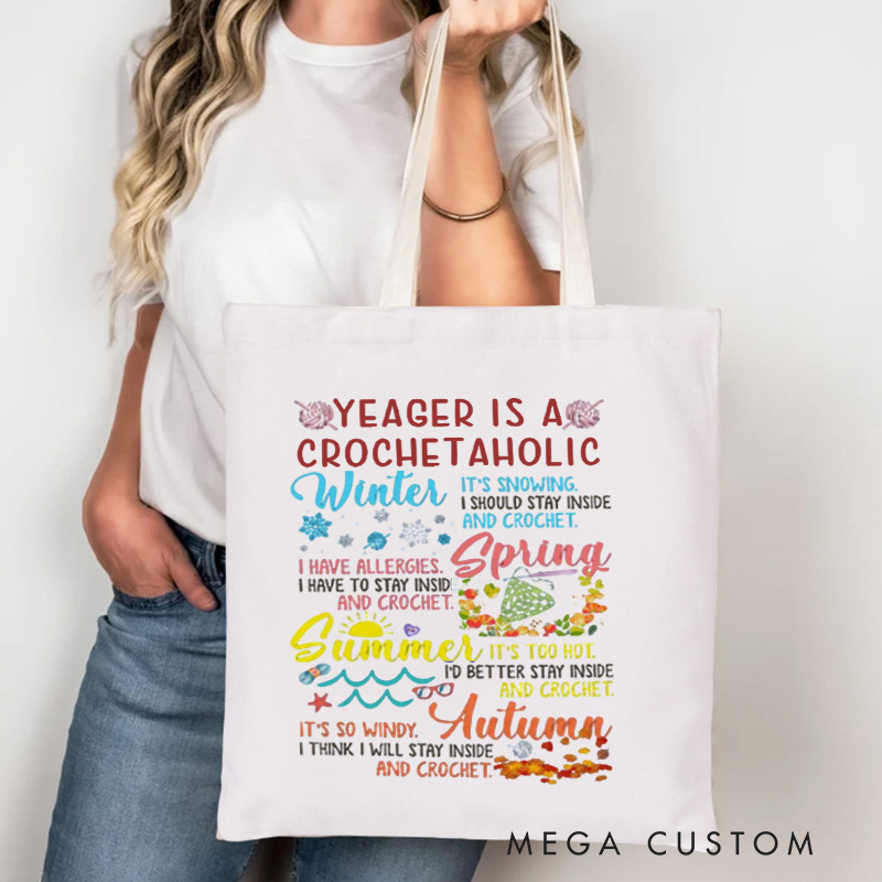 Personalized Seasonal Crochetaholic Tote Bag Custom Canvas Bag Crochet Lover Bag with Name Crocheting Lover Gift