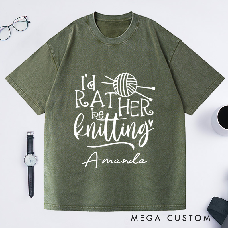 Personalized Knitting Lover Washed T-Shirts Knitter Shirt Knitting Gift Love to Knit I'd Rather Be Knitting Tee Cute Knit Lover
