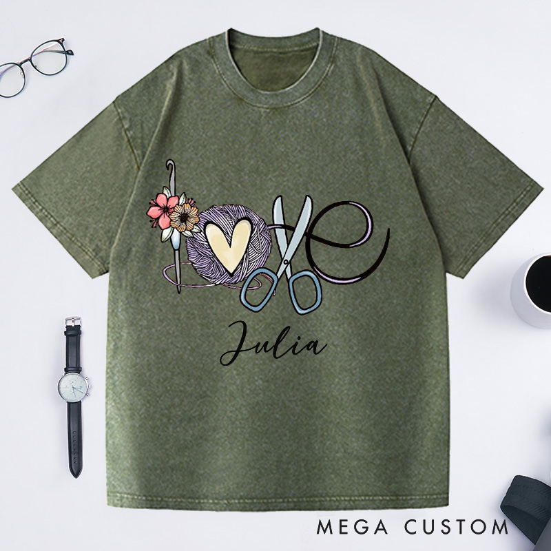 Personalized Love Crochet Washed T-Shirts Funny Crochet T-Shirt Crocheting Lovers Custom Tee