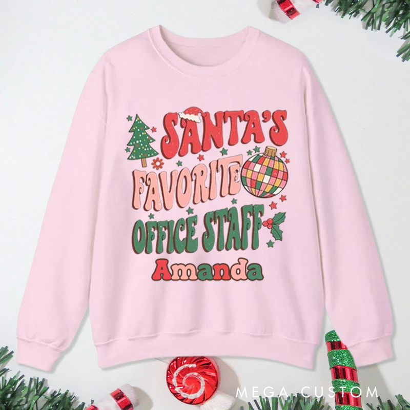 Personalized Office Worker Sweatshirt Santa's Favorite Office Staff with Christmas Trees Stars and Santa Hat Christmas Elements Gift for Coworkers