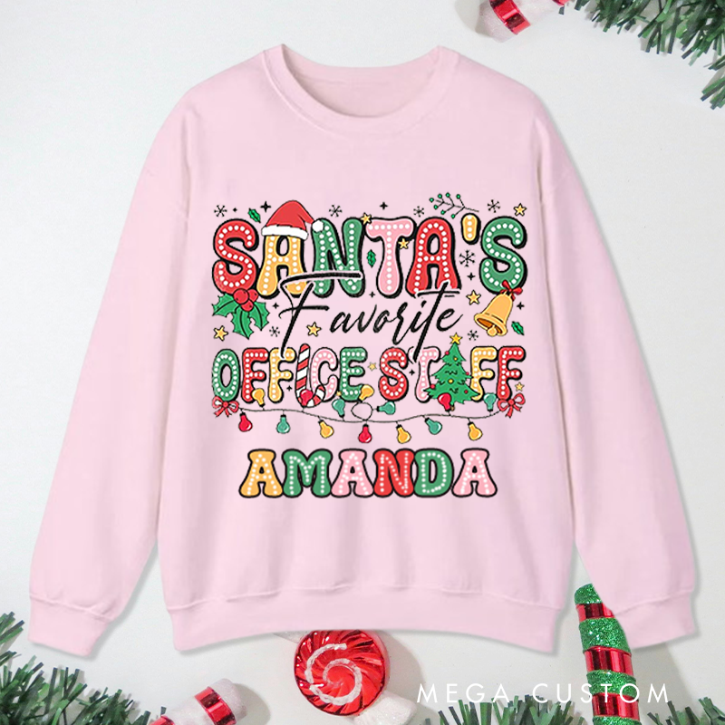 Personalized Office Worker Sweatshirt Christmas Lights Ornaments Candy Canes and a Santa Hat Christmas Elements Gift for Coworkers