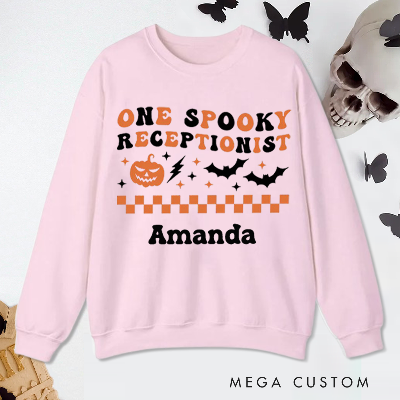 Personalized Office Worker Sweatshirt One Spooky Receptionist with Halloween Elements Appreciation Gift for Coworkers