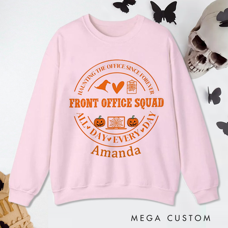 Personalized Office Worker Sweatshirt Front Office Squad with Halloween Elements Appreciation Gift for Coworkers