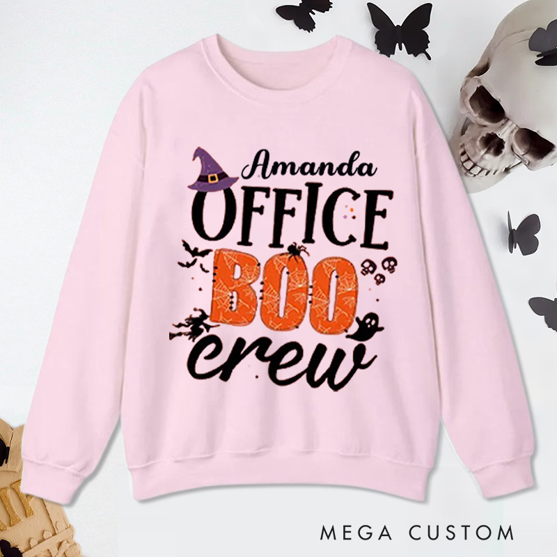 Personalized Office Worker Sweatshirt Office Boo Crew with Bats Spiderweb and Spider Halloween Elements Appreciation Gift for Coworkers