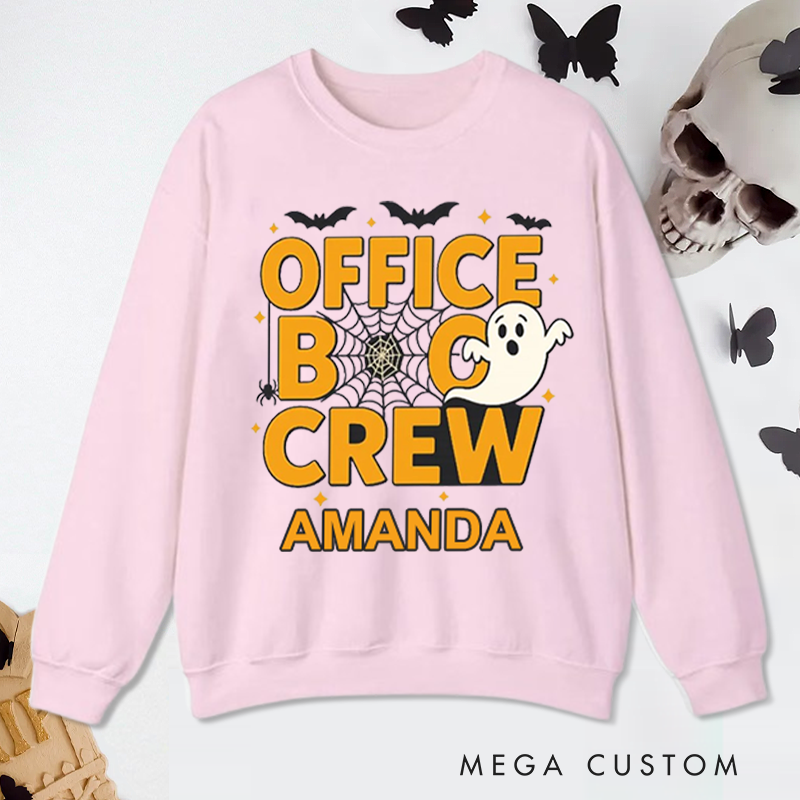 Personalized Office Worker Sweatshirt Office Boo Crew with Bats Spiderweb Spider and Small Stars Halloween Elements Appreciation Gift for Coworkers