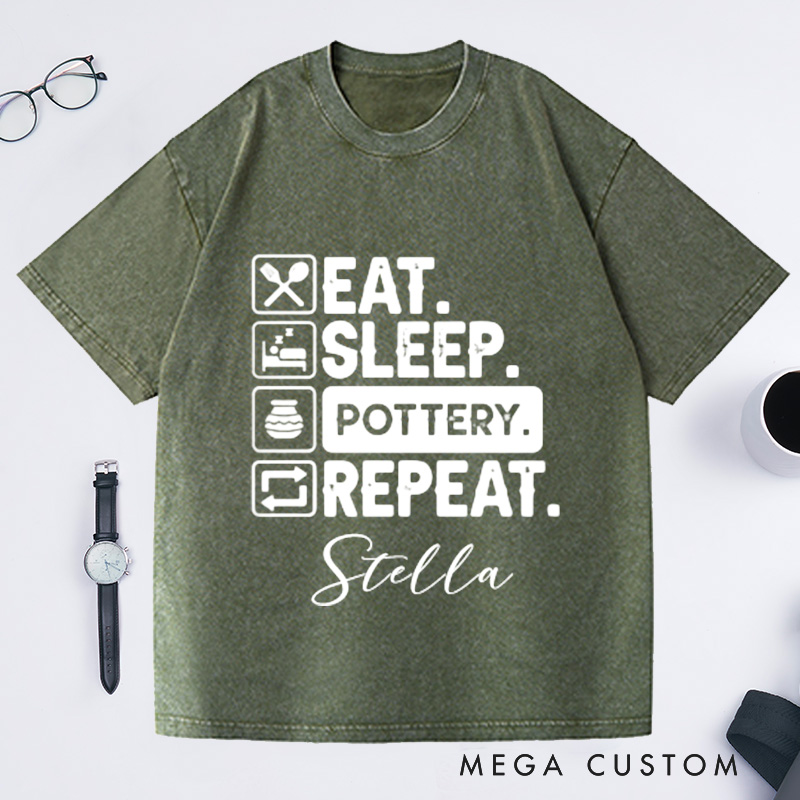 Personalized Eat Sleep Pottery Repeat Washed T-Shirts Gift for Potter Potters Shirt Clay Tshirt Custom Tee