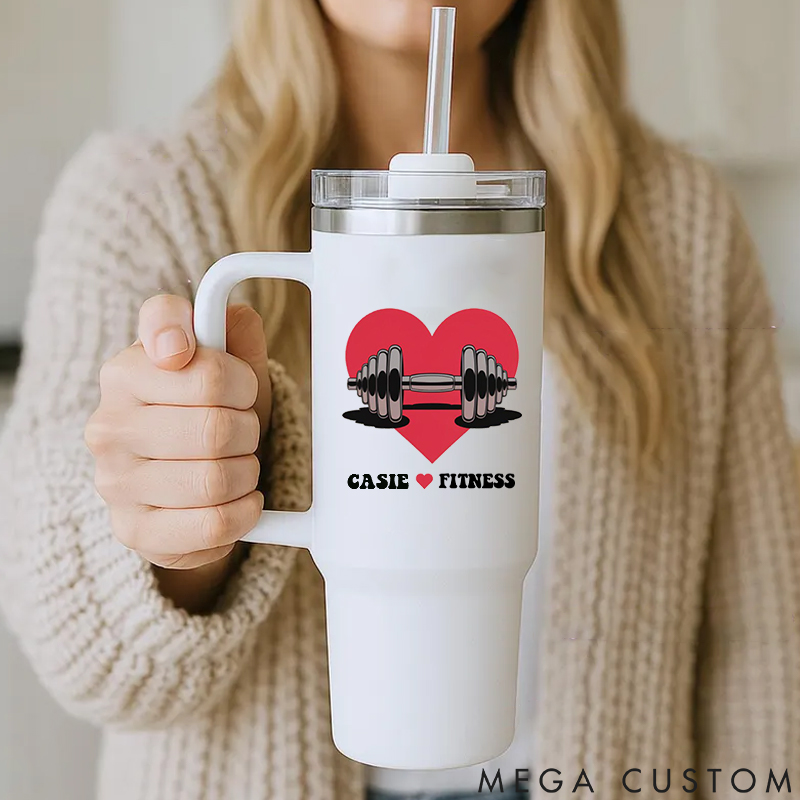 Personalized Handle Tumbler with Heart and Barbell Love Fitness Design for Gym Lover Fitness Durable Hot or Cold Drinks