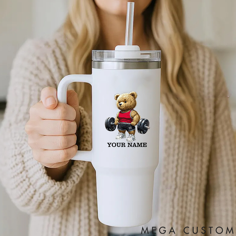 Personalized Handle Tumbler with Cute Weightlifting Teddy Bear Design for Gym Lover Fitness Durable Hot or Cold Drinks