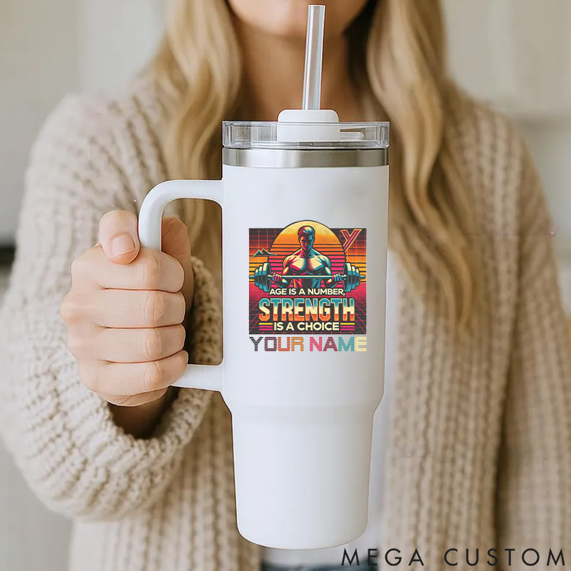 Personalized Handle Tumbler with Vibrant Strength Themed Graphic for Gym Lover Fitness Durable Hot or Cold Drinks