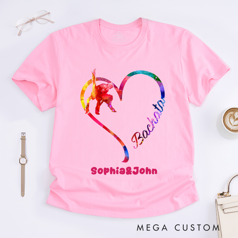 Personalized Bachata Dance Heart T-Shirts Custom Name Colorful Dancer Gift for Bachata Lovers Unique Latin Dancewear for Men and Women