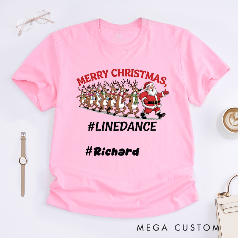 Personalized Christmas Reindeer Line Dance T-Shirts Gift Unisex Funny Santa Custom Name Xmas Present for Family Friends