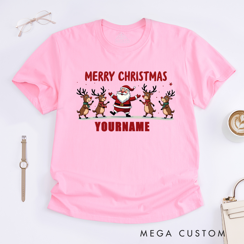 Personalized Merry Christmas Santa Claus Line Dance T-Shirts Custom Name Reindeer Graphic Tee Unique Gift for Women Christmas Family